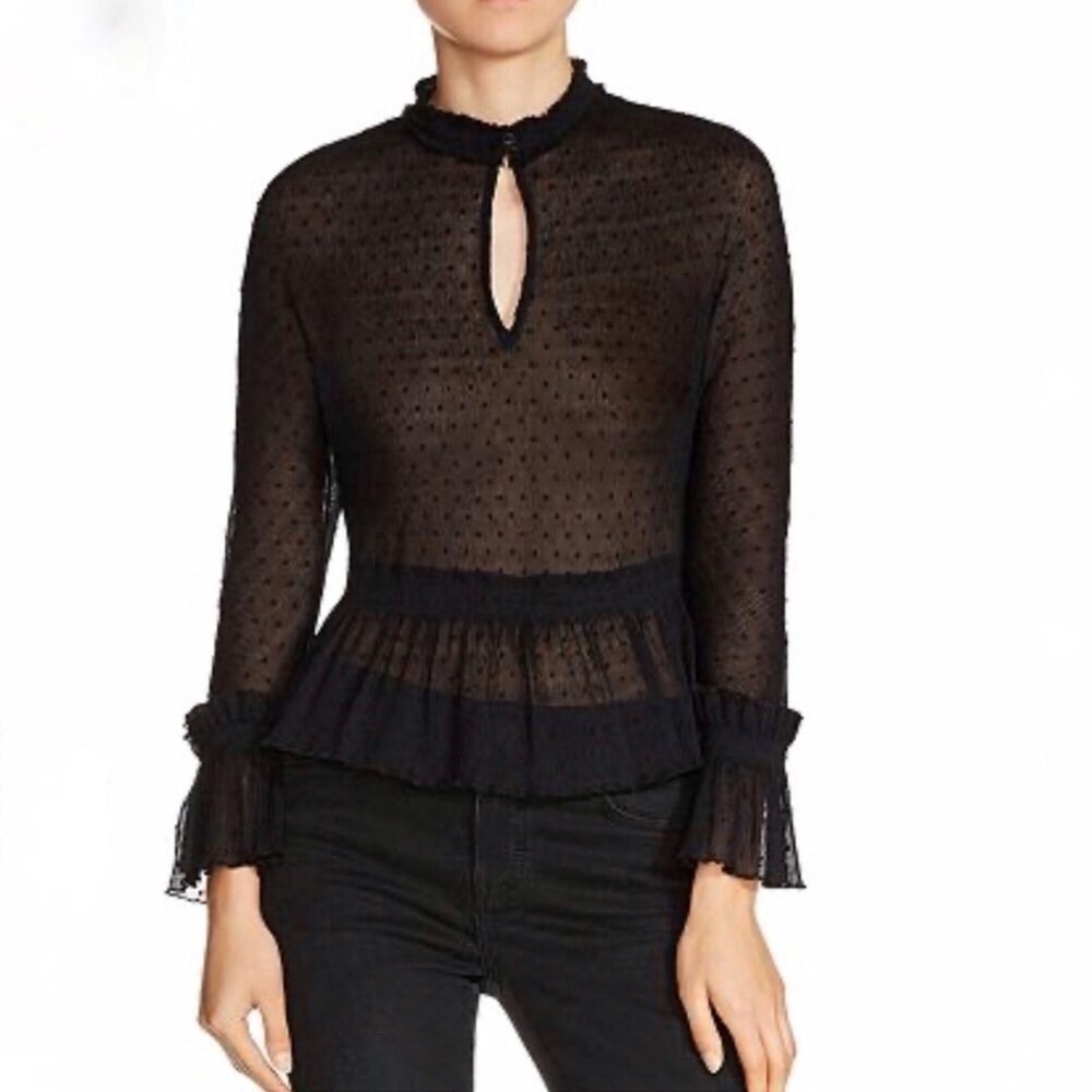 MAJE Laurine Swiss Dot High Neck Ruffle Peplum Top